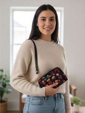 Hand Crafted Black Wristlet /Crossbody with Multicolor Heart & Floral Print
